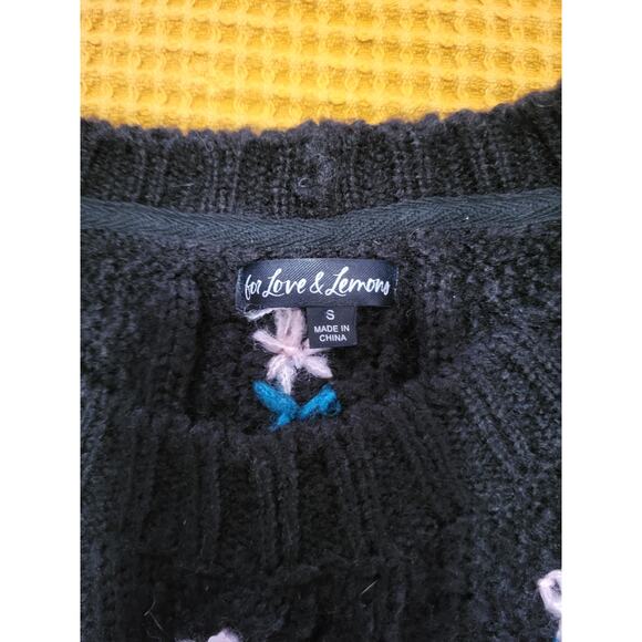 For Love and Lemons Black Pink Floral Balloon Sleeve Flower Knit Crop Sweater S - Picture 5 of 6